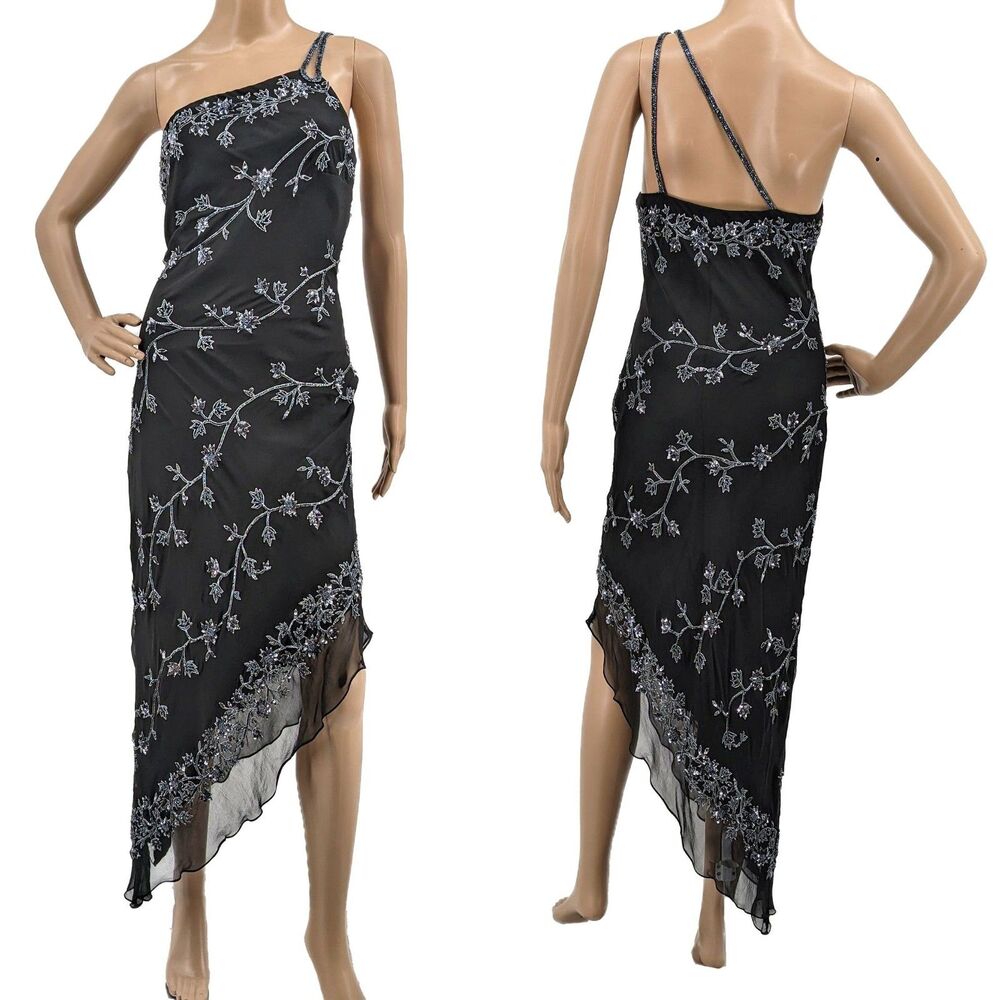 Vintage 1990s y2k Scala Evening Dress Mini Black Floral Beaded Fairycore Siren M